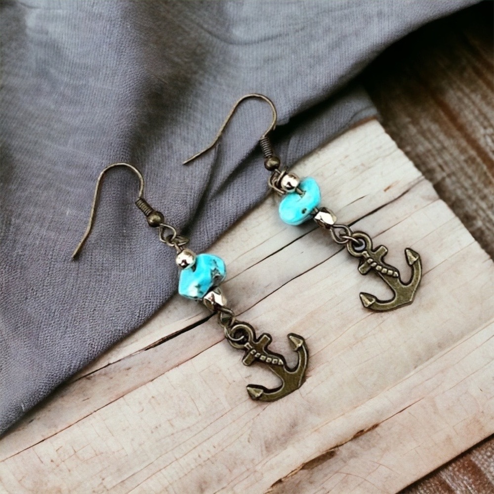 NWT ANCHORS AWEIGH turquoise stone antique gold charm drop earrings new